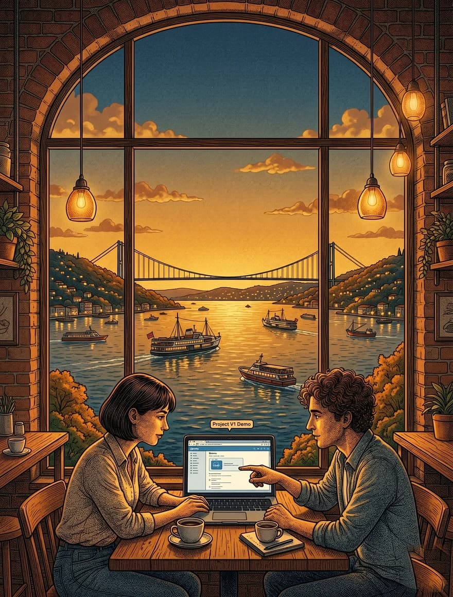 Two operators reviewing a product demo on a laptop in a Bosphorus-side café at sunset.