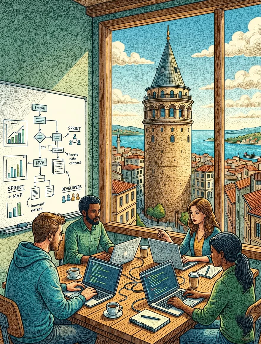Developers working at laptops in a Karaköy loft with the Galata Tower visible through the window.