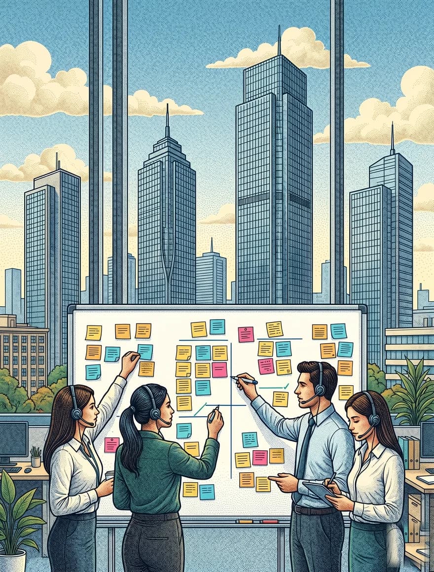 A founding team reviewing a sprint plan on a whiteboard with the Maslak skyline beyond the glass wall.