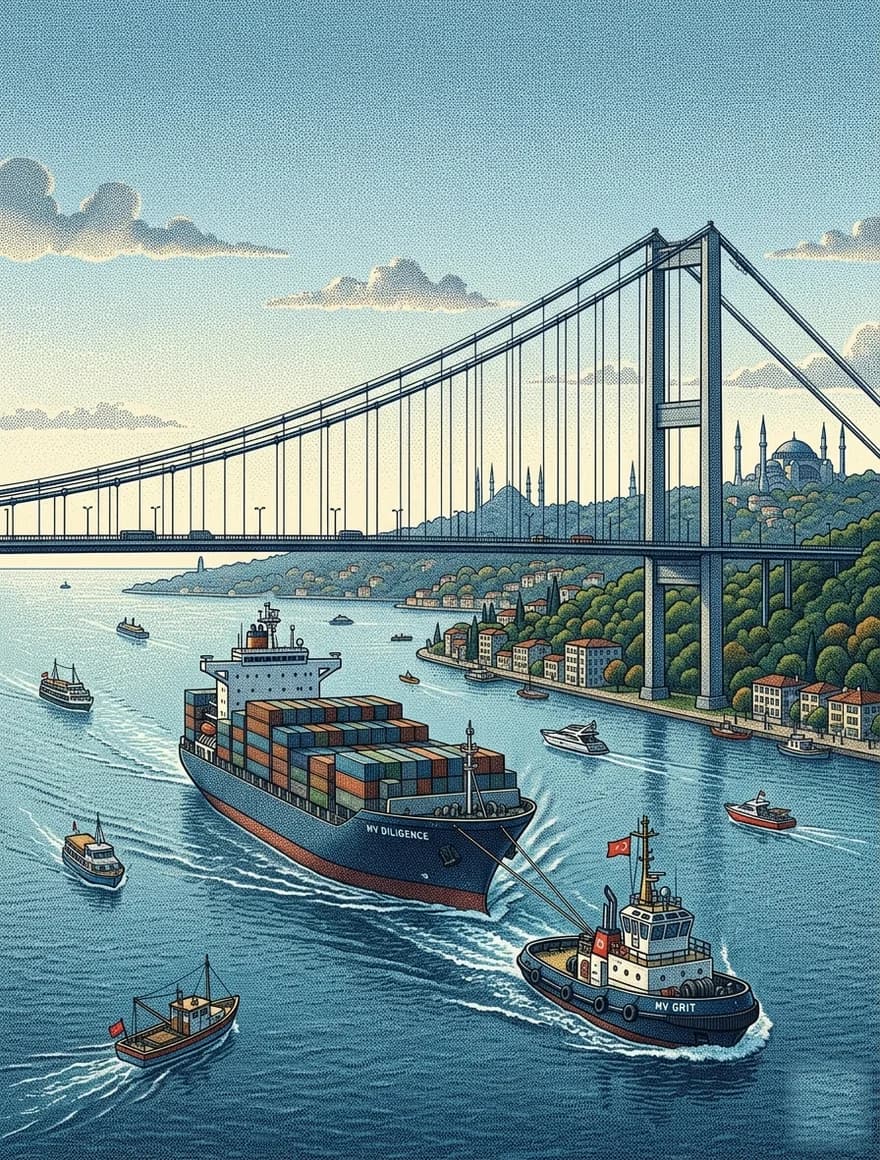 A tug guiding a large container ship through the Bosphorus, a visual metaphor for due diligence.