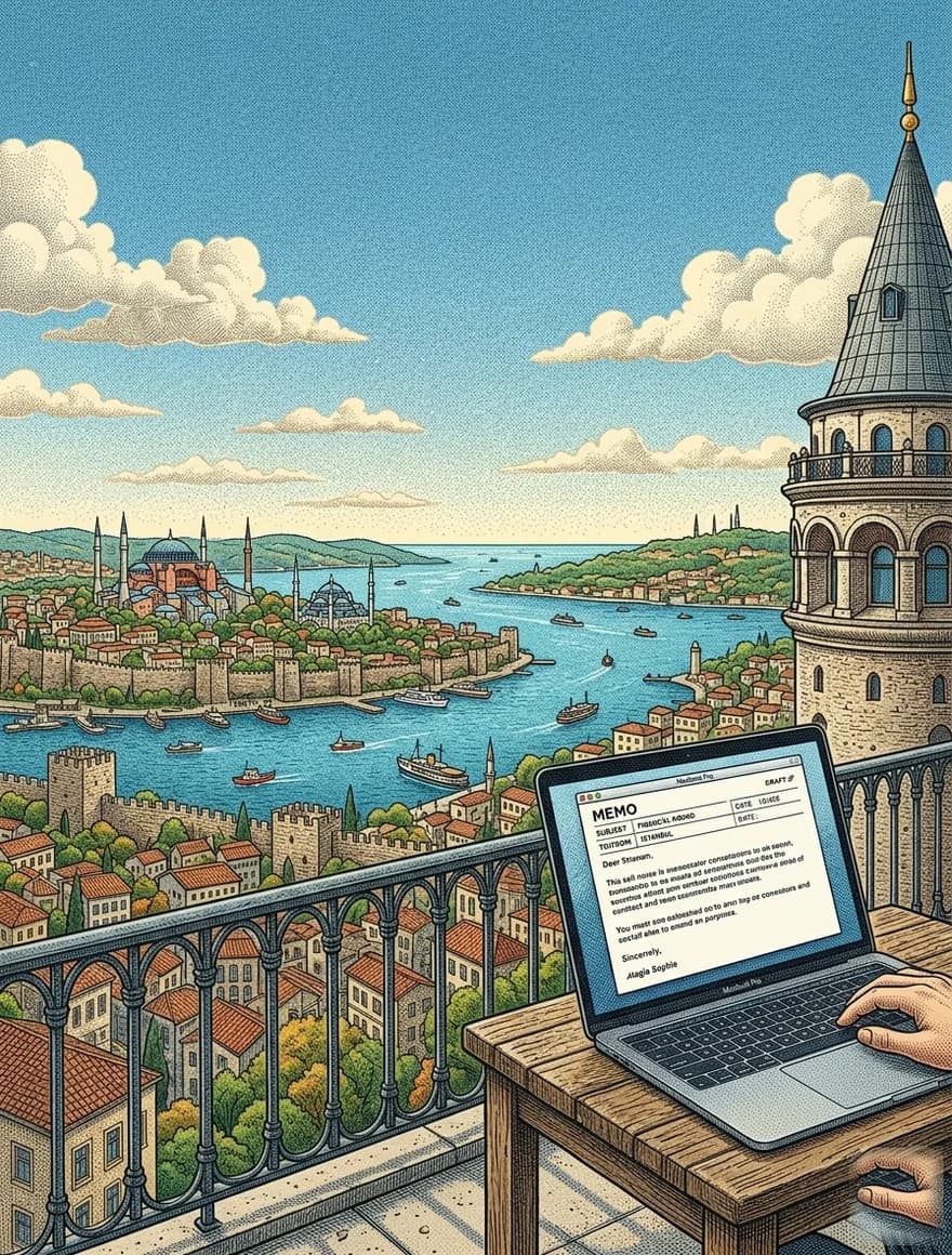 A memo draft open on a laptop on a balcony above the Bosphorus with the historic peninsula and Galata Tower in view.