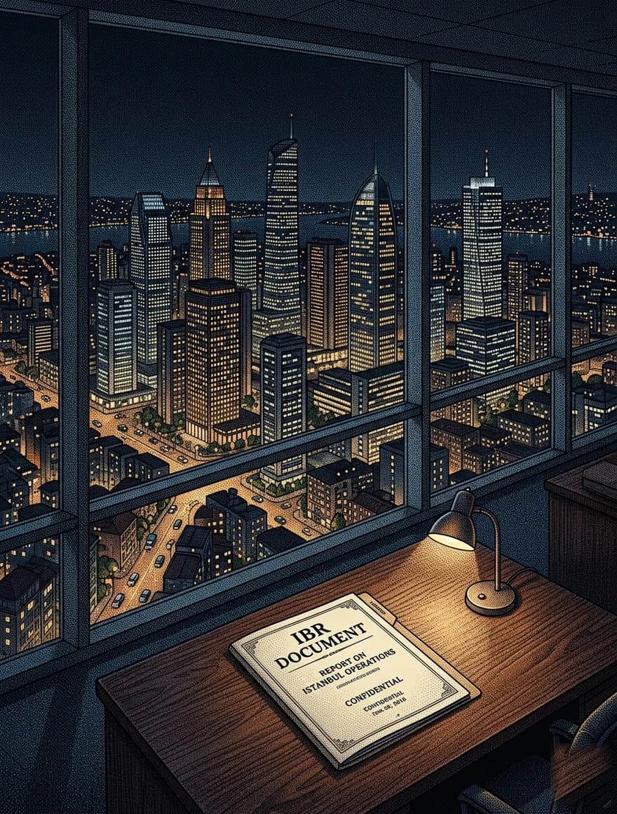 A confidential IBR document on a desk in a high-floor Levent office with the city skyline lit up at dusk.