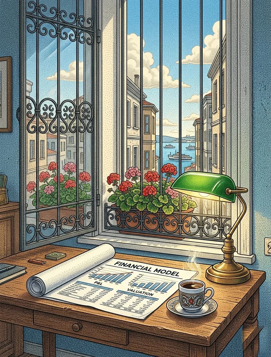A printed financial model on a wooden desk by an Istanbul apartment window with a brass lamp glowing.