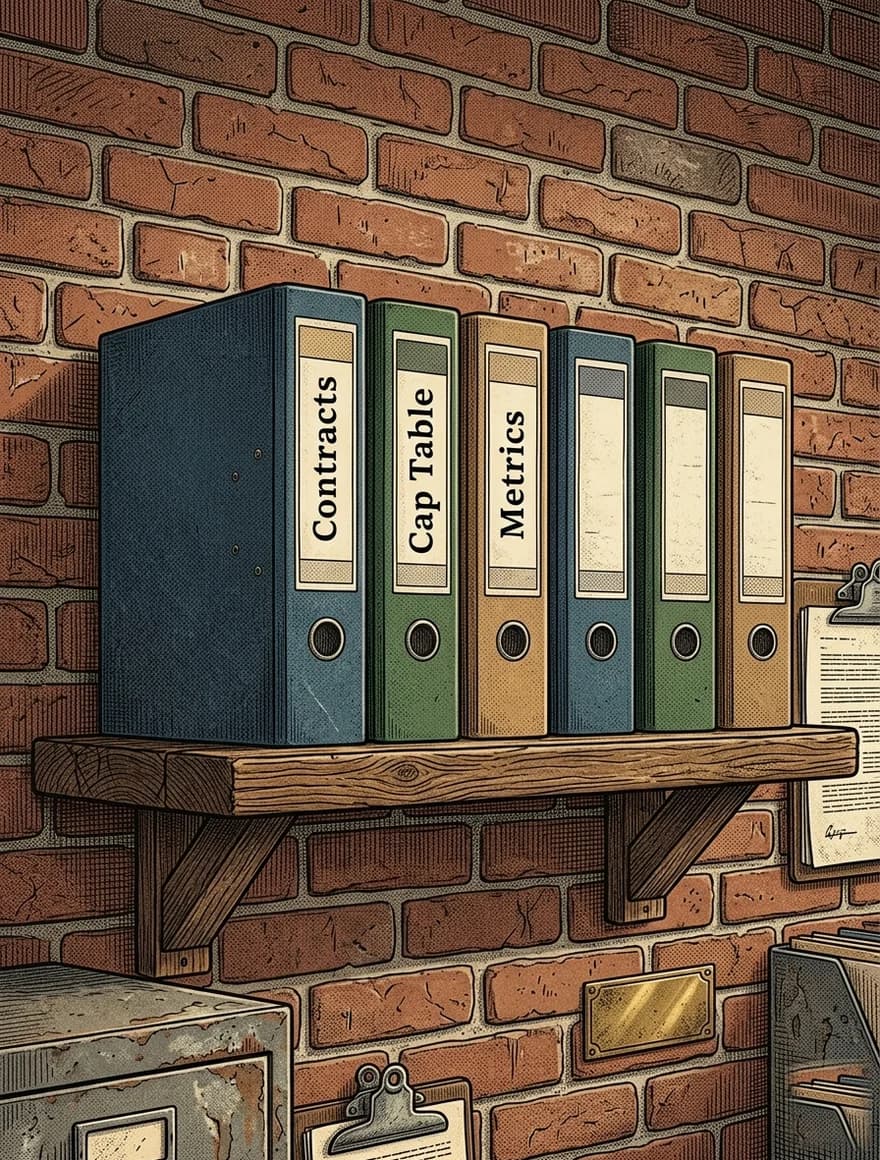Labeled folders for Contracts, Cap Table and Metrics arranged on a wooden shelf against a brick wall.