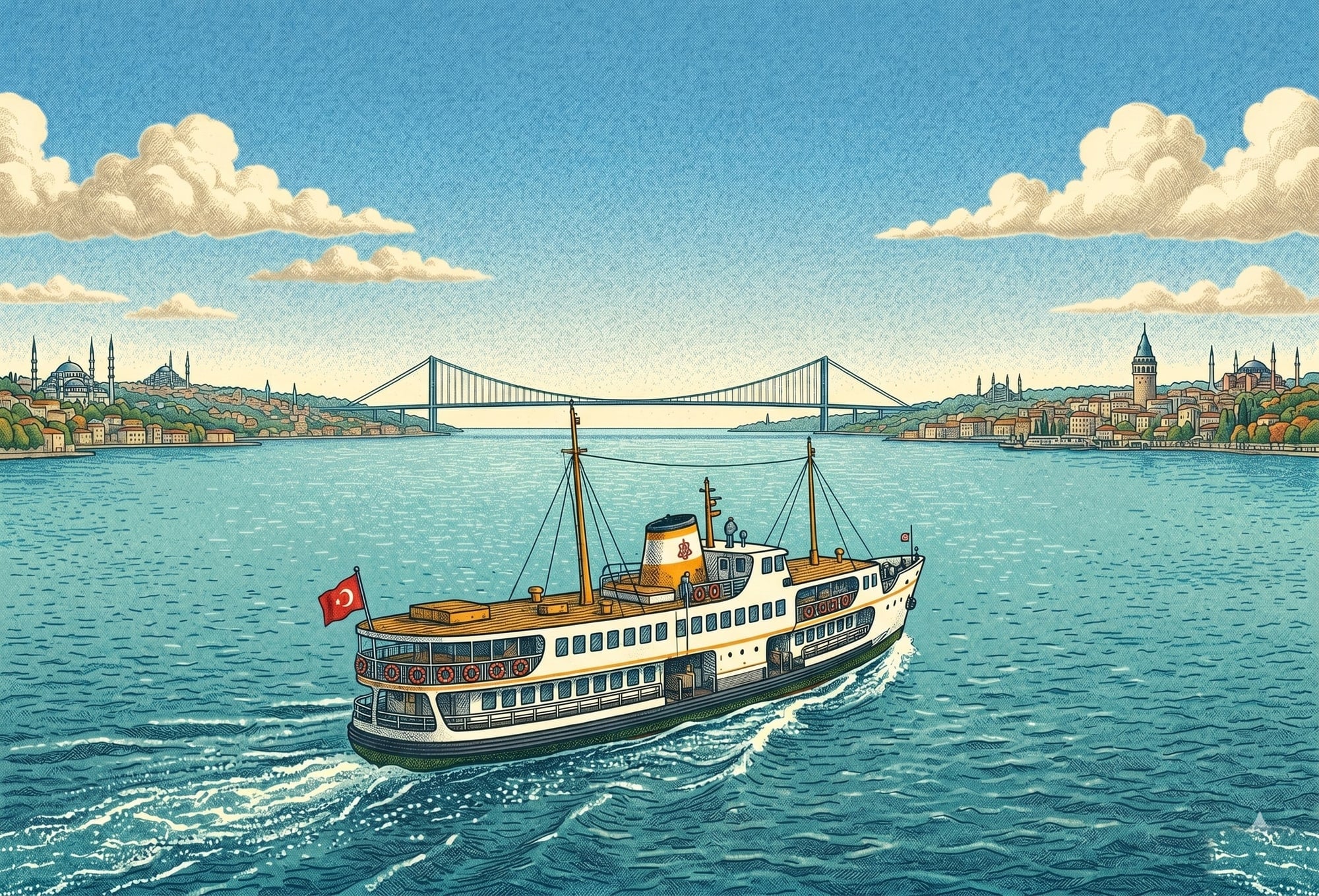 A passenger ferry crossing the Bosphorus at dawn — the studio's signature image of patient work.