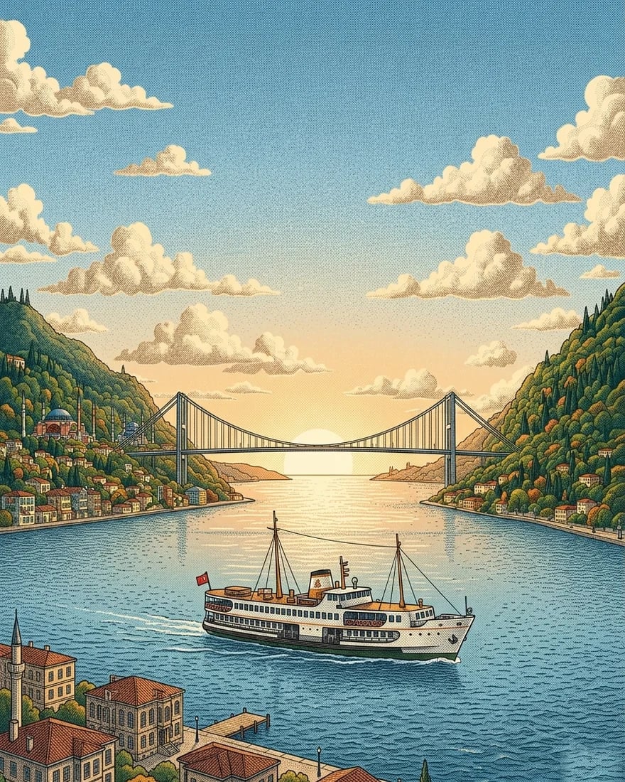 A passenger ferry on a calm Bosphorus at dawn, the historic Istanbul shoreline framing the strait.