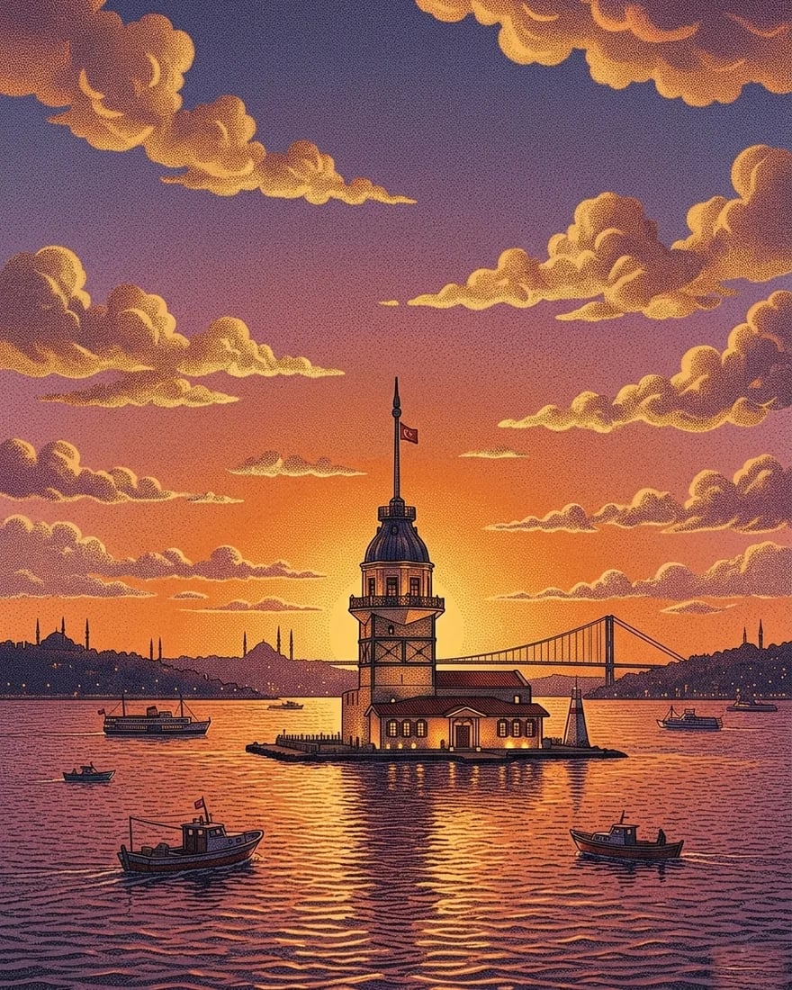 Maiden's Tower at dusk over the Bosphorus, fishing boats catching the last of the amber light.
