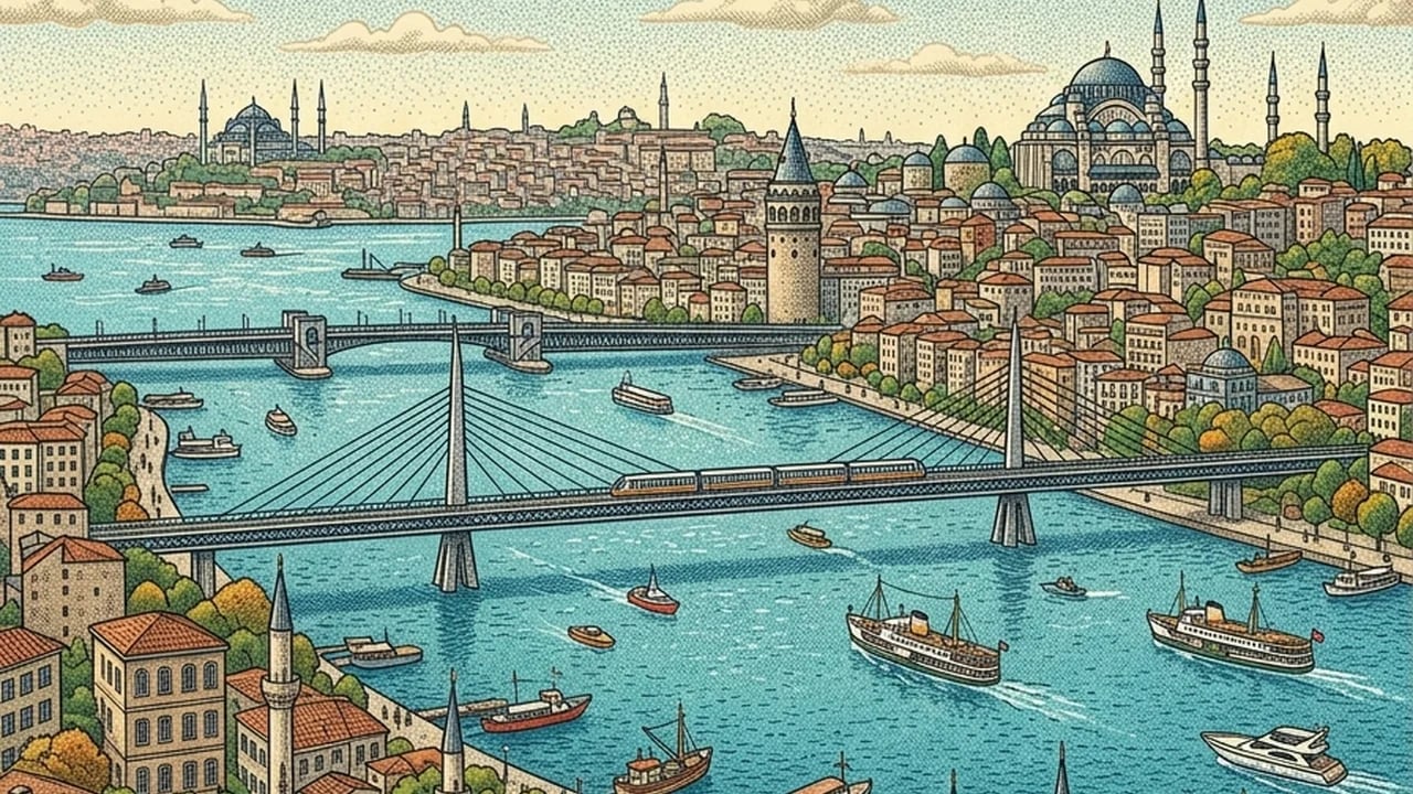 Galata Tower at first light, terracotta rooftops sloping down to a quiet Golden Horn.