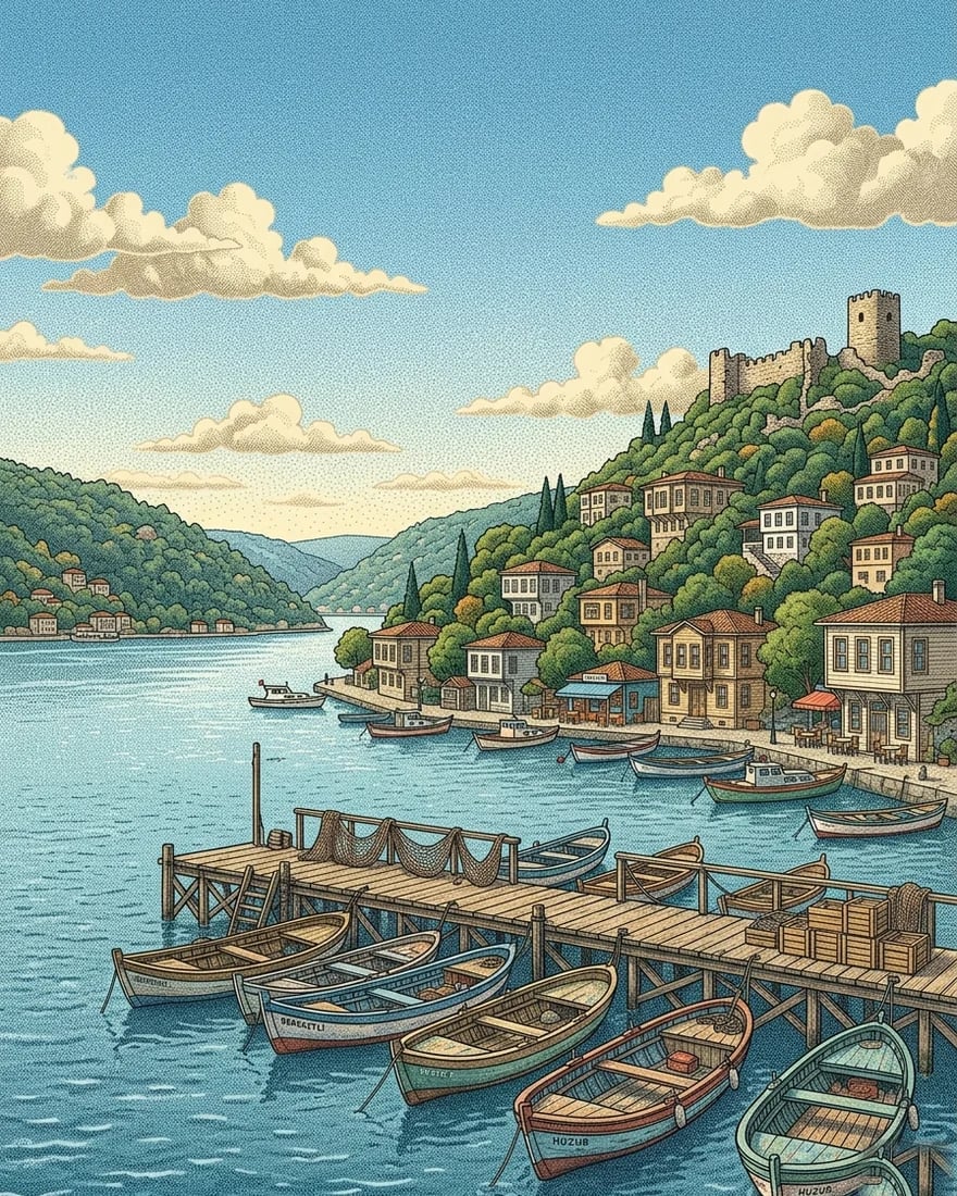 A quiet Bosphorus fishing harbour with small wooden boats moored along a wooden pier.